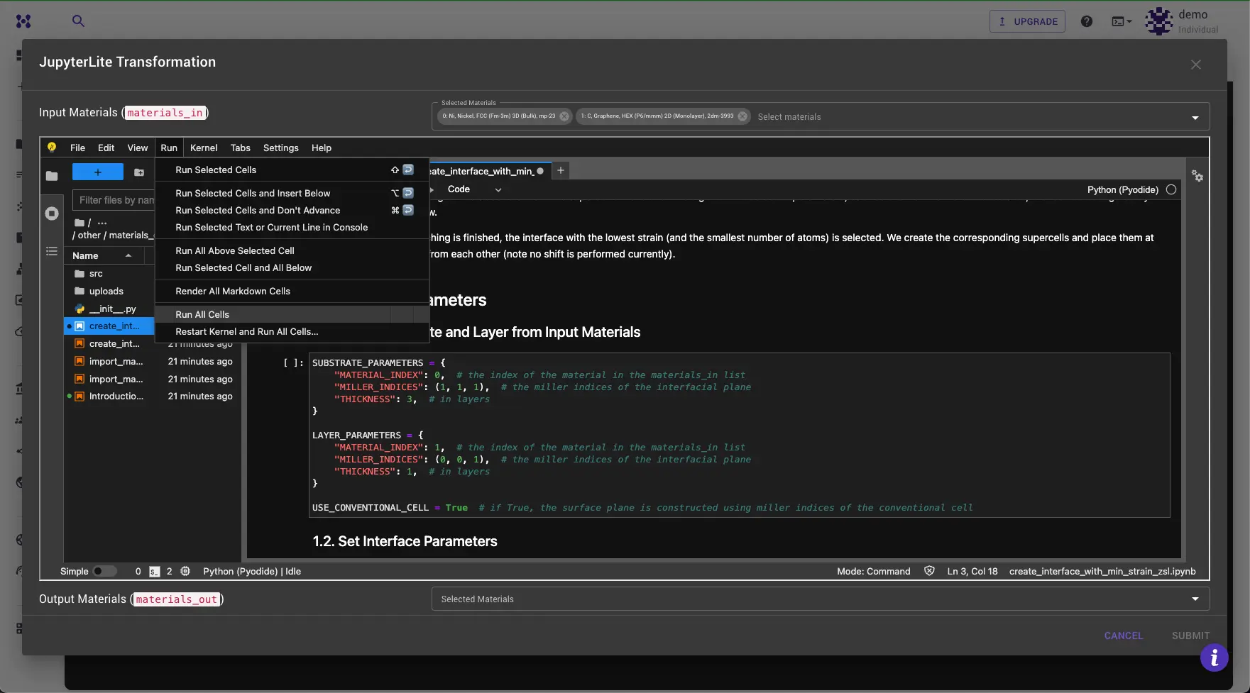 JupyterLite session with Run menu opened