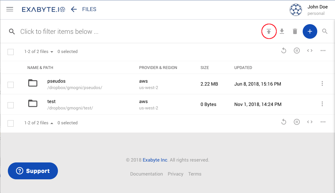 Dropbox Page with Upload